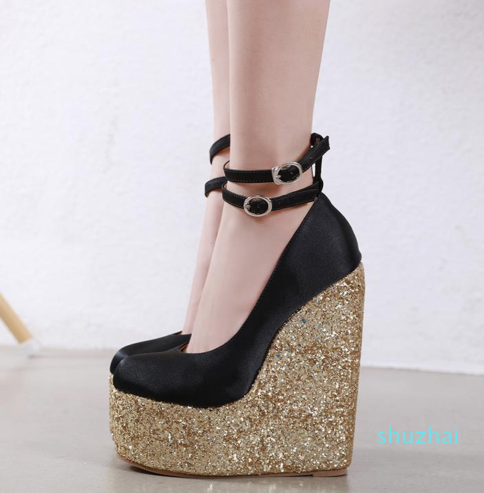 

2022 new fashion 16CM Black Gold Sequined Super High Heel Platform Wedge Luxury Designer Shoes top quality