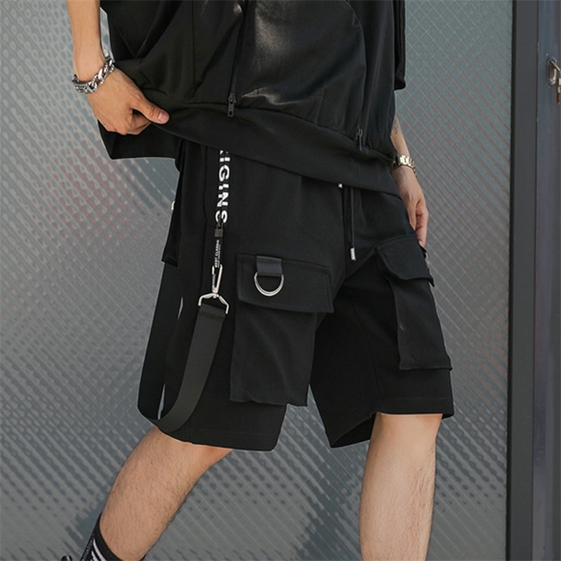 

Hip Hop Summer Shorts Men Black Ribbons Streetwear Bermuda Man Shorts Multi-pocket Punk Casual Knee Length Short Pants Men 220407, Dk23