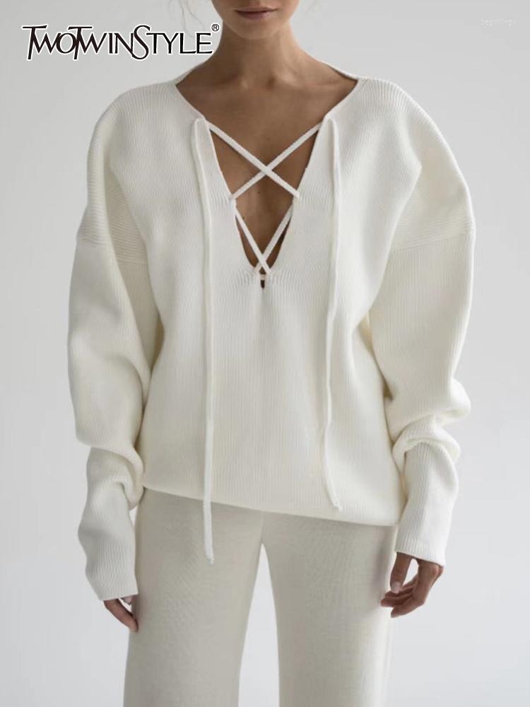

Women' Sweaters Spring Loose Bandage Sweater For Women V Neck Long Sleeve Solid Minimalist Pullover Female Fashion Clothes 2022Women' Begu, Pink