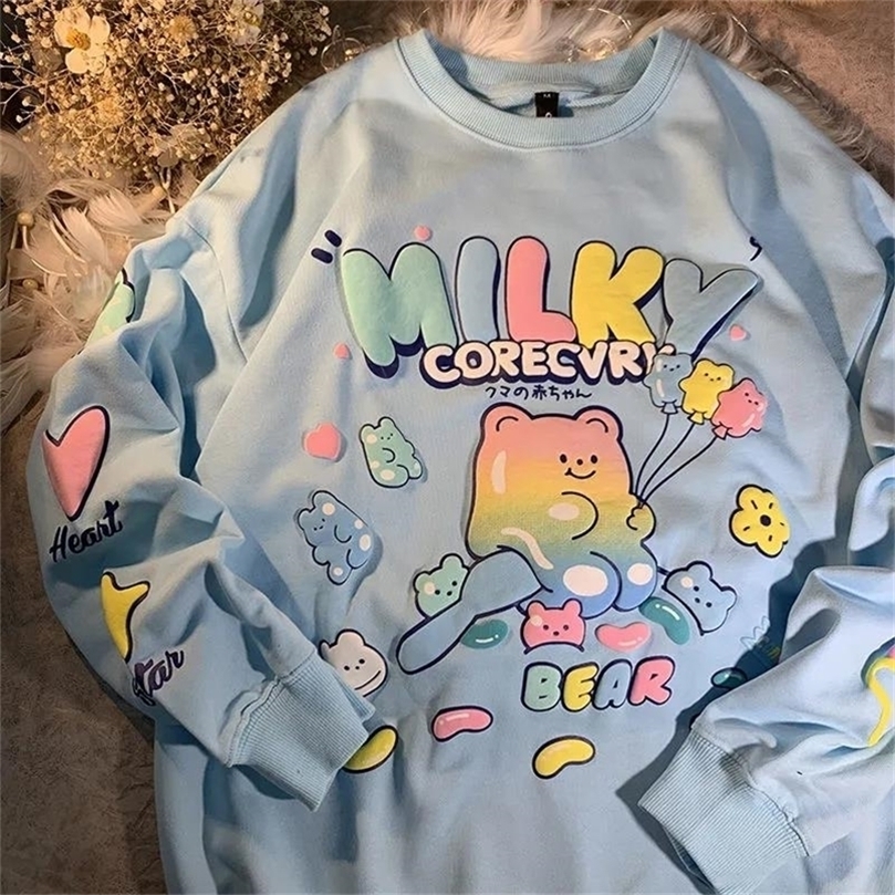 

Luxury Rainbow Cartoon Bear Printed Sweatshirt Women Kawaii Clothes for Teens Sweet Girl Oversized Casual Harajuku Couples Tops 220401, Pure black