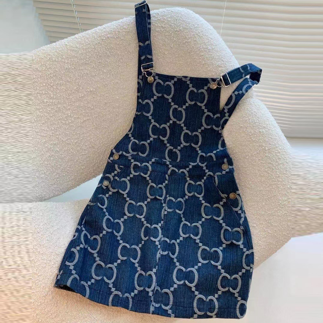 

Newest Denim Strap Skirt Metal Button Alphabet Suspenders Dress Double Letter Jacquard Dresses, 1#