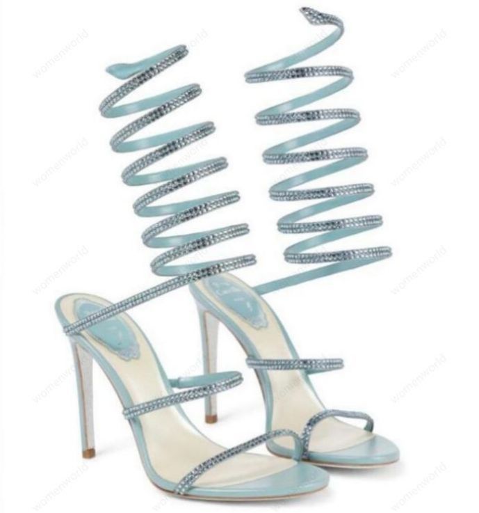 

RENE CAOVILLA Cleo open toe sandals crystal embellished spiral wrap around sandals twining rhinestone sandal women Top quality silver Blue stiletto heels shoes, Only a boxes