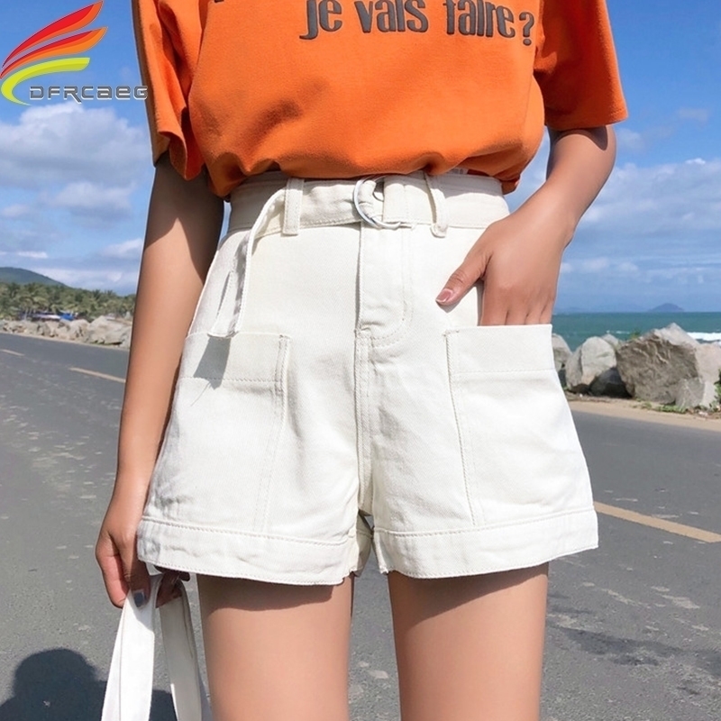 

Black White And Blue Denim Shorts Women With Belt Street Style Pockets Short Jeans Shorts High Waist Ladies Short Pants Y200512