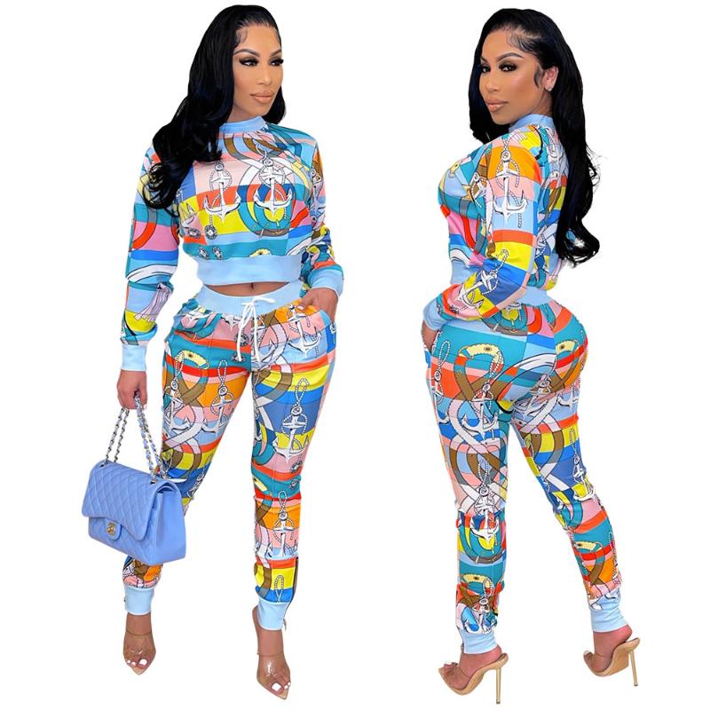 

Women' Two Piece Pants Cutubly Printed Set Women Fashion Casual 2 Sets Womens Outfits Long Sleeve Crop Top And Drawstring Pant Suits, Light blue