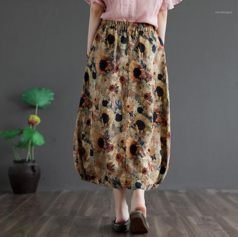 

Summer Skirts Women Retro Print Loose Pockets Patchwork Female A-Line Aknle-Length Clothing Fashion, Khaki