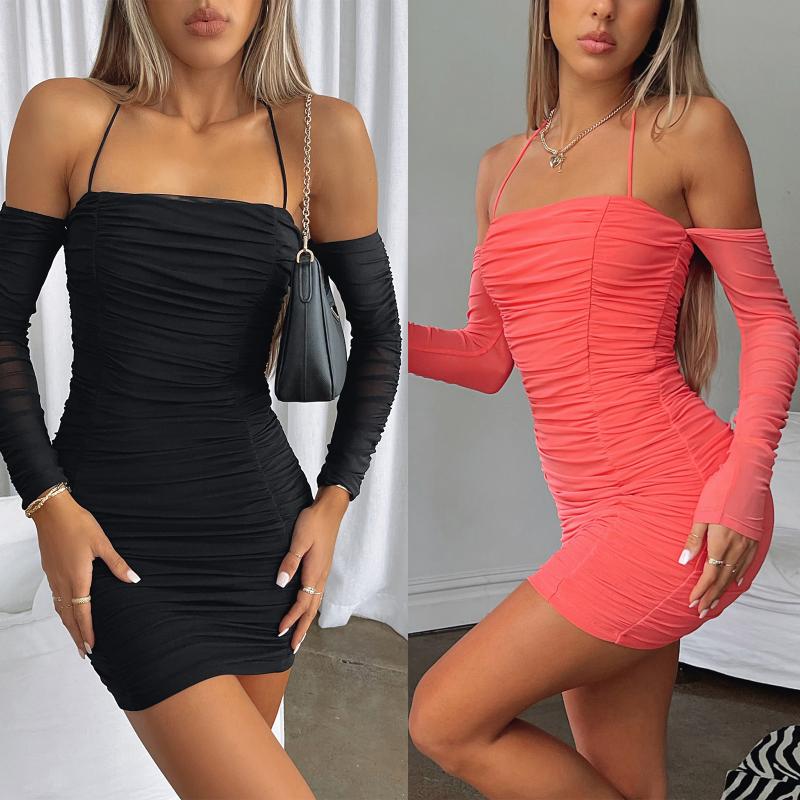 

Casual Dresses Women' Off Shoulder Dress Long Sleeve Solid Color Halter Back Tie Up Street Style Sexy One-Piec E ClothesCasual, Orange red