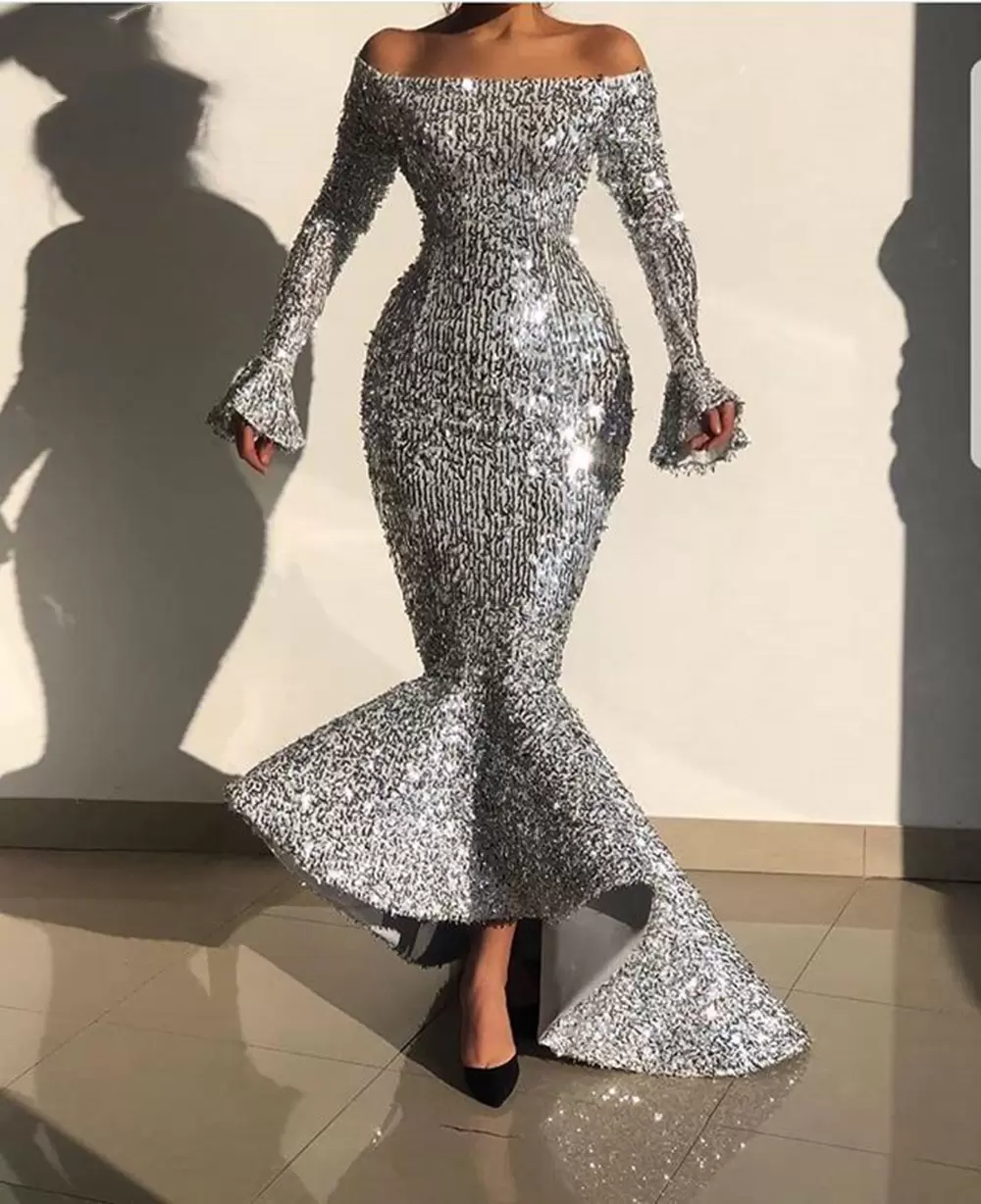 

2022 Sexy Mermaid Prom Dresses Off The Shoulder Boat Neck Sparkly Silver Sequin Dubai Long Sleeve Evening Dress Formal Gowns for Women, Same as picture