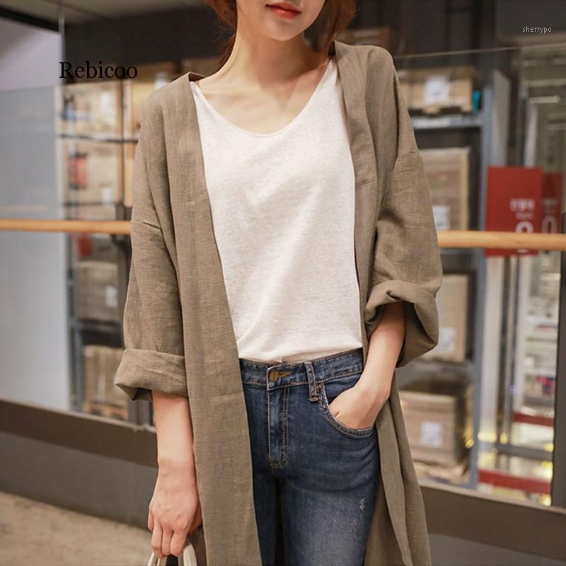 

Women' Trench Coats Medium Long Cotton And Linen Sun Protection Clothing Women Autumn Summer Loose Thin Over Knee Cardigan Coat, Green