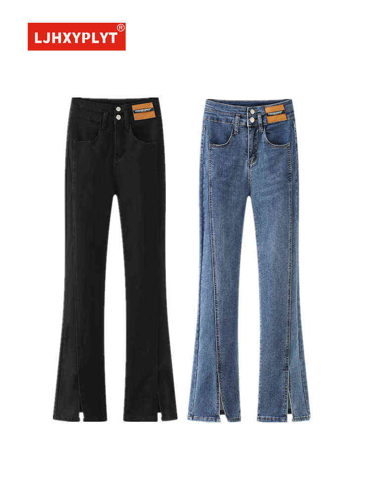 

Black Slit Flare Jeans Women' Summer New Hong Kong Style Retro High Waist Slim Fit Blue Denim Trousers Simple Female Pants T220728