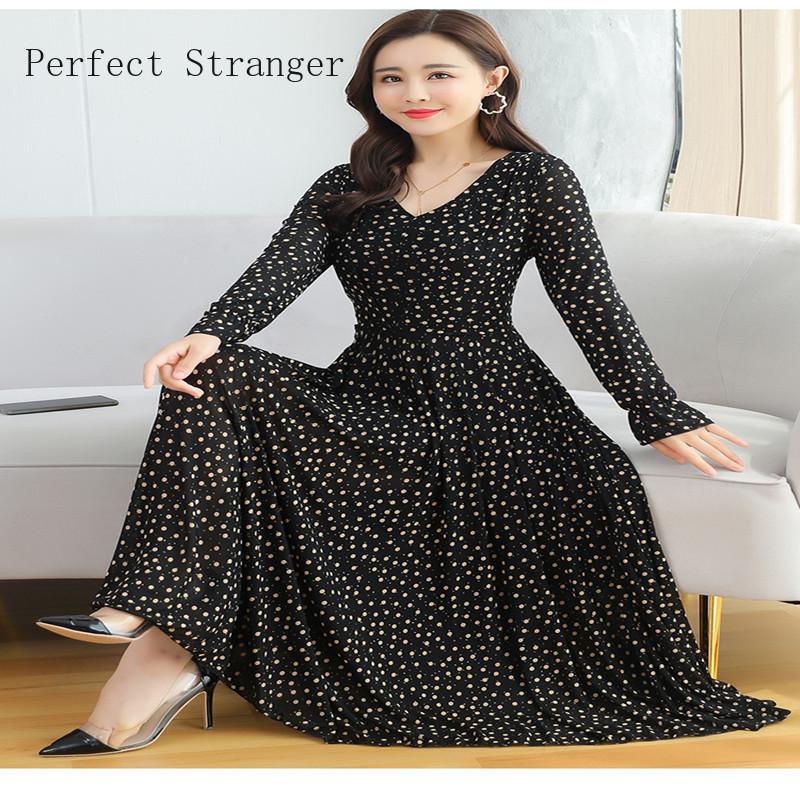 

Casual Dresses 2022 Autumn Arrival Elegant Korean High Quality V Collar Dots Printed Long Sleeve Chiffon Women Dress, Black;gray