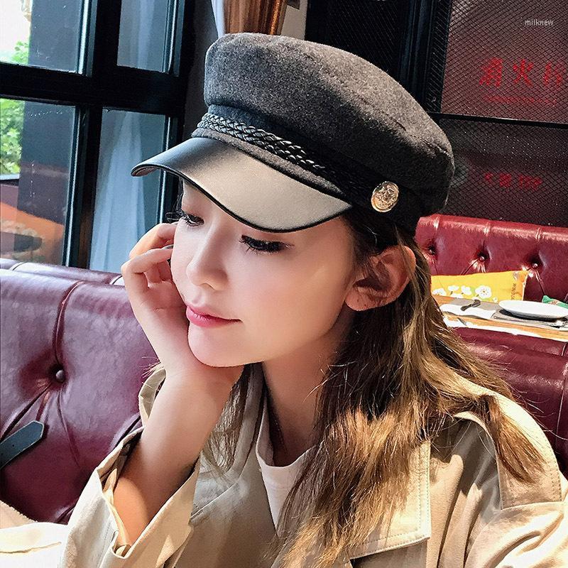 

Berets Autumn Winter Fashion Korean Trendy Vintage Caps For Women Fall Design Bonnets Leather Woolen Twist Mushroom Hats, Black