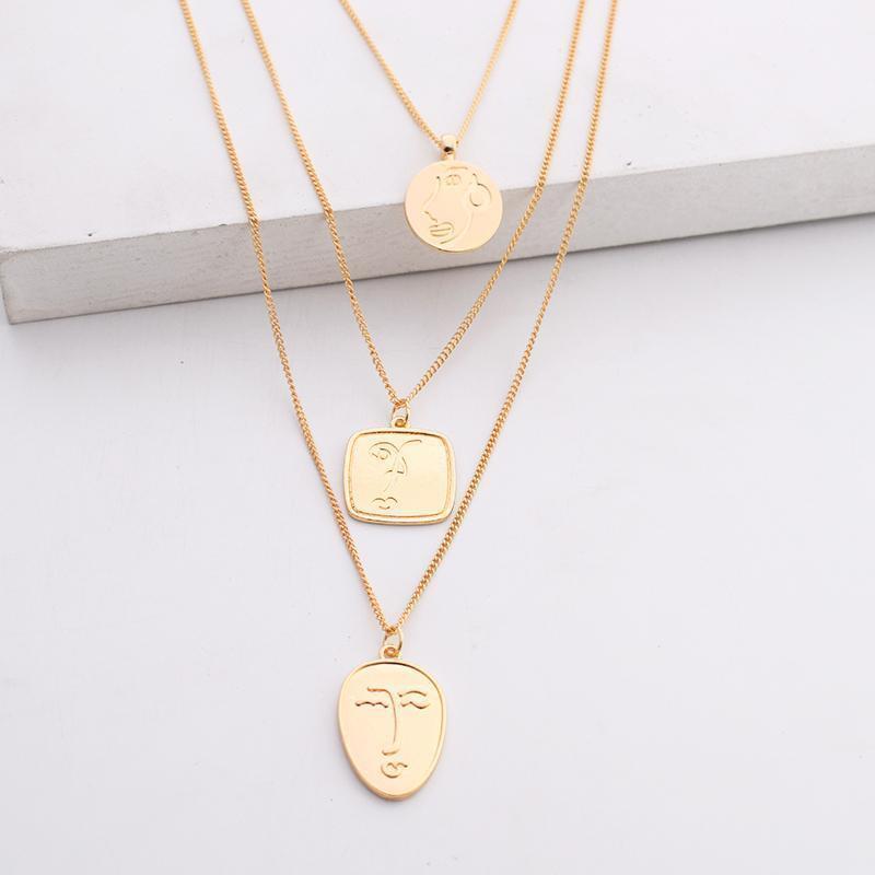 

Fashion Simple Multi-layer Metal Face Pendant Necklace Square Alloy Minimalist Coin Disc Choker Necklaces For Women Girl Party Chains