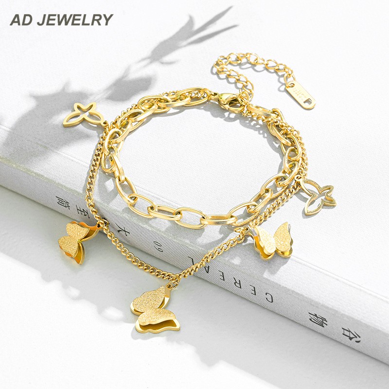 

Beautiful Double Layered Stainless Steel Clover Butterfly Charm Bracelet Lucky Four Leaf Women Jewelry