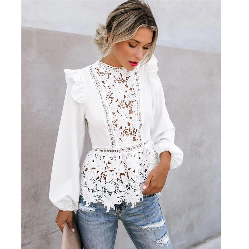 

Women's Blouses & Shirts Women Blouse Boho Long Sleeve Floral Lace White Tops Hollow Out Summer Beach Elegant Ladies Female Party Clothing C