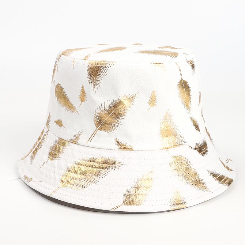 

Berets 2022 Cotton Feather Print Bucket Hat Fisherman Outdoor Travel Sun Cap Hats For Men And Women, White