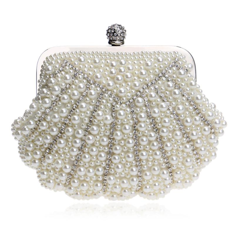 

Evening Bags Shell Shaped Handmade Luxurious Wedding Handbags Beaded Rhinestones Purse Diamonds Clutches Bag YM1112Evening, Beige