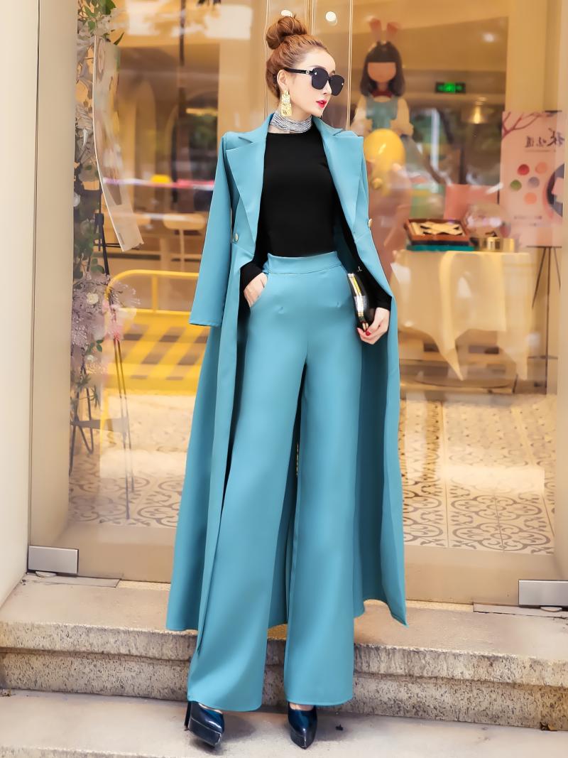 

Women' Two Piece Pants Spring Autumn 2 Pieces Women Sets Female Casual Slim Long Double Breasted Blazers Trench Coats And Wide Leg Suits WS, Blue