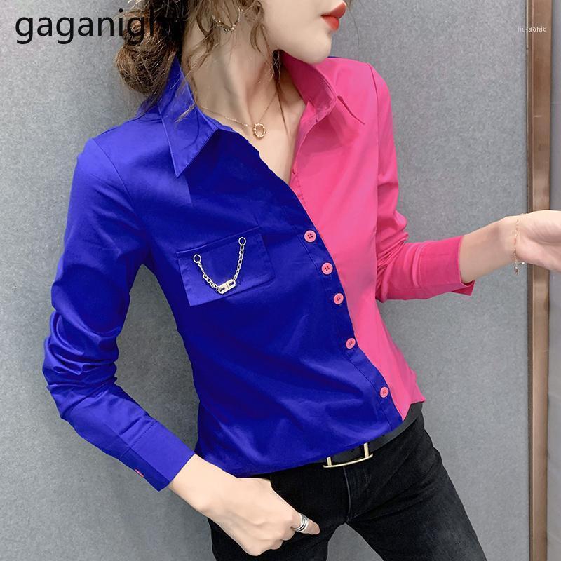 

Gaganight 2022 Korean Fashion Contrast Patchwork Turn-down Collar Blouses Elegant Long Sleeve Women Tops Single Breasted Shirts Women's &, Blue