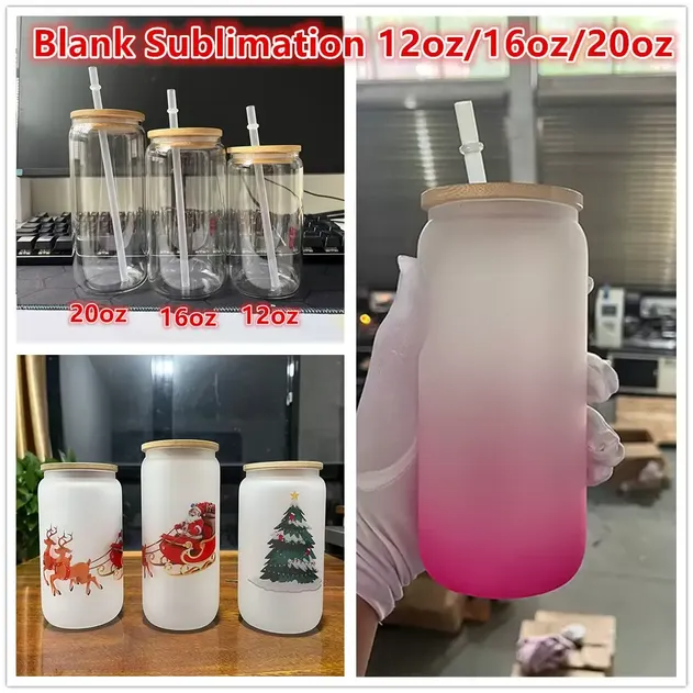 

12oz 16oz 20oz Sublimation Glass Beer Mugs Water Bottle Beer Can Tumbler Drinking Glasses With Bamboo Lid And Reusable Straw Iced Coffee Cups Fast Delivery C0410, 12oz with bamboo lid and straw