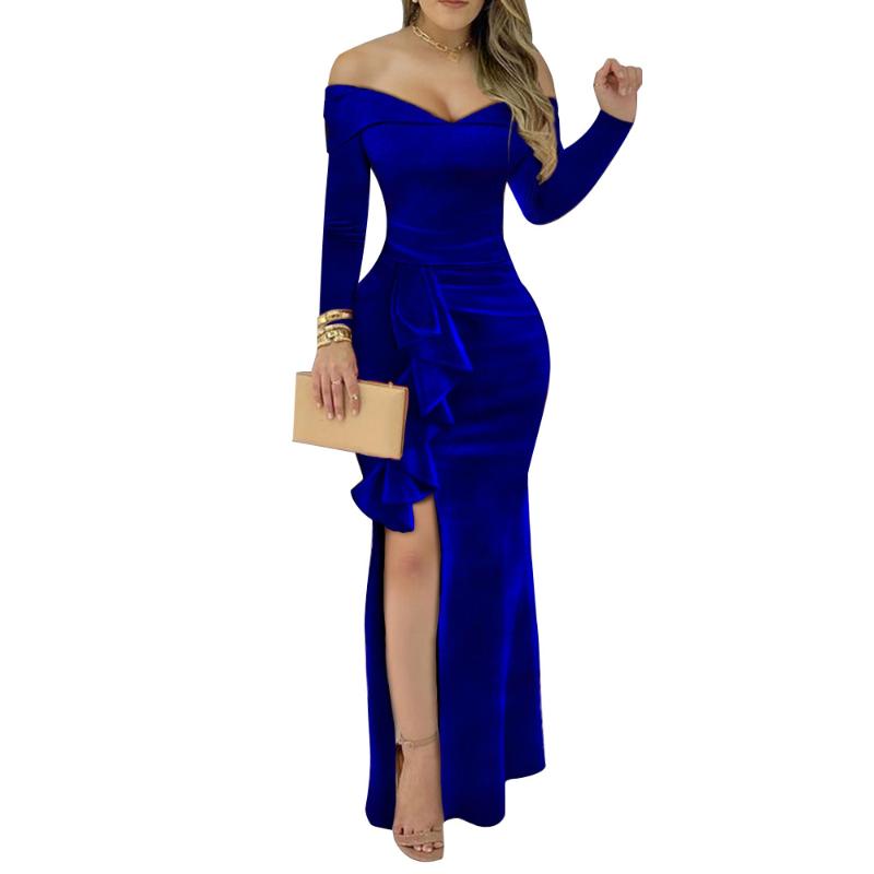 Casual Dresses Elegant Women Long Sleeve Maxi Dress Stylish Chic Ruffle Mermaid Club Party Night Cocktail Side Slit Vestidos-image-764847778