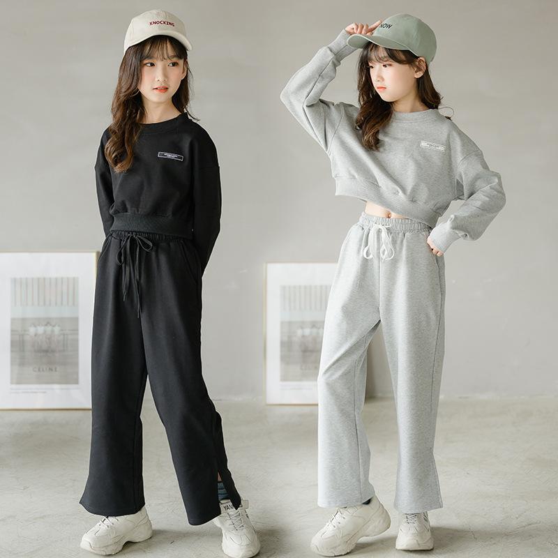 

Clothing Sets Girls Navel-bearing Set 2022 Spring Children Long-sleeved Sports Teen Split Wide-leg Pants + Short Loose Sweater 2PCS, Gray