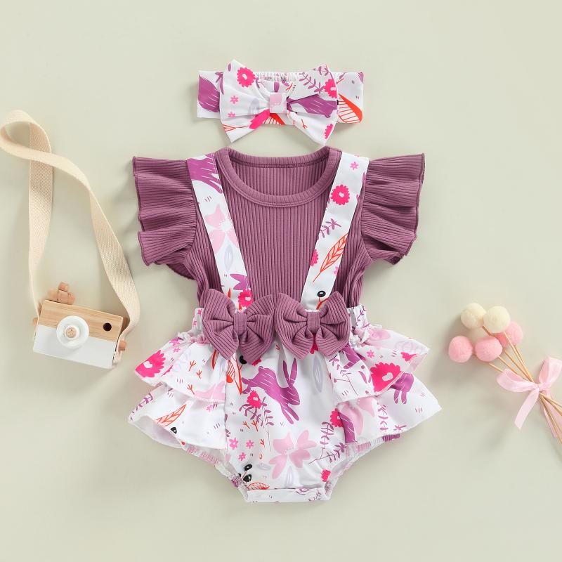 

Rompers CitgeeSummer Easter Infant Baby Girls Flying Sleeve Bodysuit Bow Headband Cartoon Print ClothingRompers RompersRompers, As pic