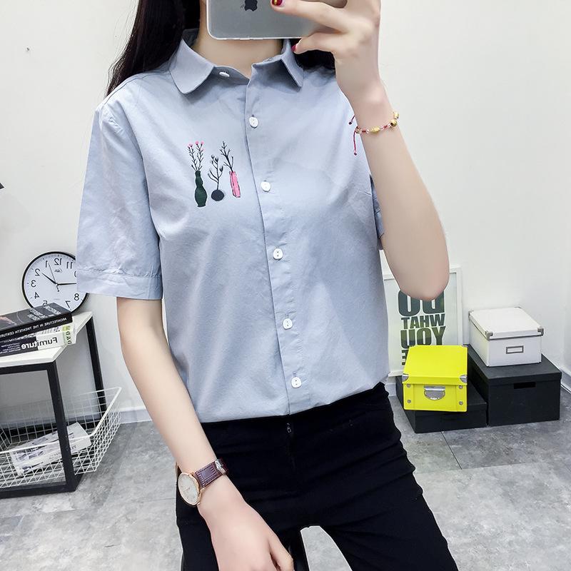 

Women' Blouses & Shirts Spring Summer Women Korean Printed Lapel Single Breasted Basic Blouse Casual Short Sleeve Bottomed Cotton White Shi, Short sleeve white