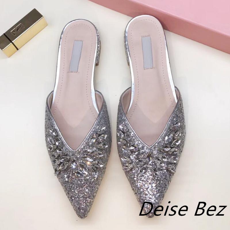 

Sandals Summer Silver Rhinestone Sequins Pointed Toe Flat Women's Slippers All-Match Shoes Out Wear Daily Leisure ShoesSandals, Gold