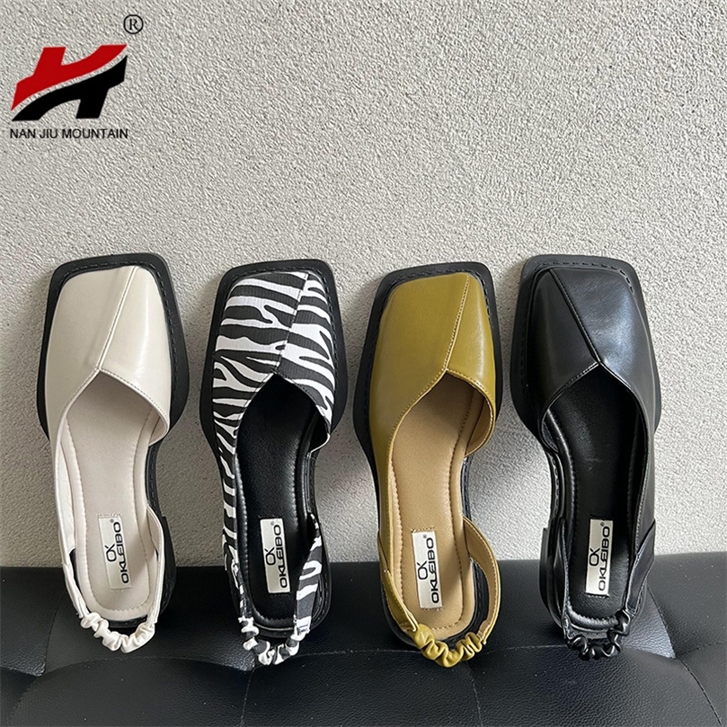 

Flat Square Toe Single Shoes Leather Shoes Spring Summer Sandals Elastic Rear Strap Mary Jane Shoes Woman Solid Color 220810, Green