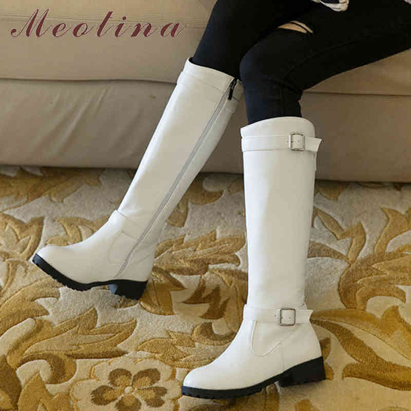 

Woman Boots Mid Heel Knee High Zipper Thick Long Buckle Round Toe Ladies Shoes Autumn Winter White 210517, Black