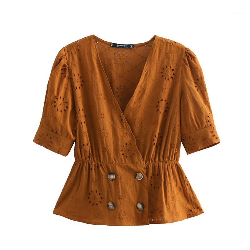 

Women's Blouses & Shirts 2022 Summer V-neck Five-point Sleeve Double-breasted Literary Art Fresh Hollow Embroidery Niche Shirt, Camel
