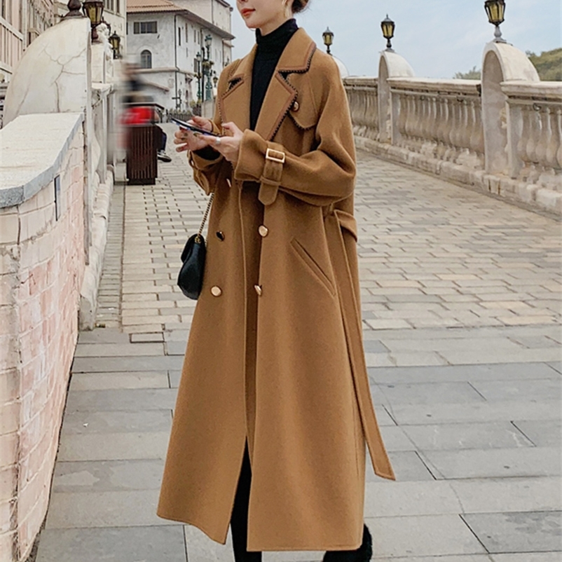 

Women's Wool Blends Women's Coat Casual Notched Collar Loose Long Elegant Women Coats Slim Solid Double Breasted Belt Female Woolen Overcoat 220826, Black