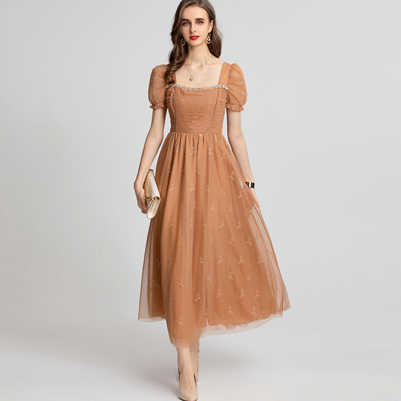 

Women's Runway Dress Square Neckline Short Sleeves Beaded Layered Elegant Party Prom Gown, Brown