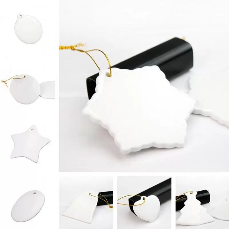 

DHL Ship Blank White Sublimation Ceramic pendant Creative Christmas ornaments Heat transfer Printing DIY ceramic ornament heart round decor