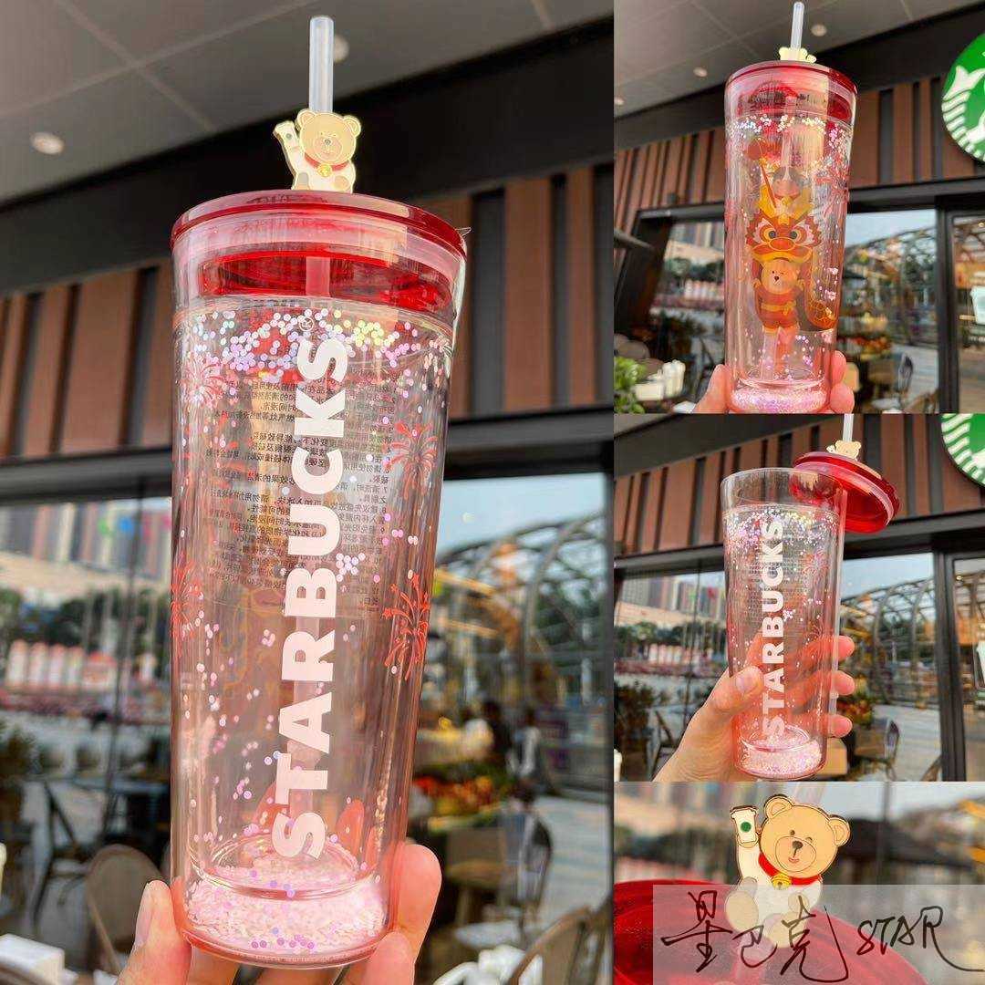 Starbucks new cup shiny 520 bear double glass straw cup high capacity coffee drinking cup-image-761019908