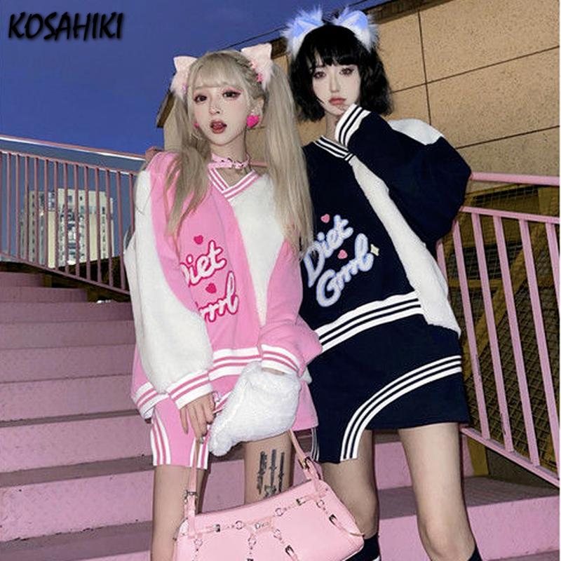 

Work Dresses KOSAHIKI Ins Streetwear Two Pieces Set Women Contrast Color Sweatshirt +mini Skirts 2022 Harajuku Y2k Sweet Pink Suit Outfits, 2 set pink