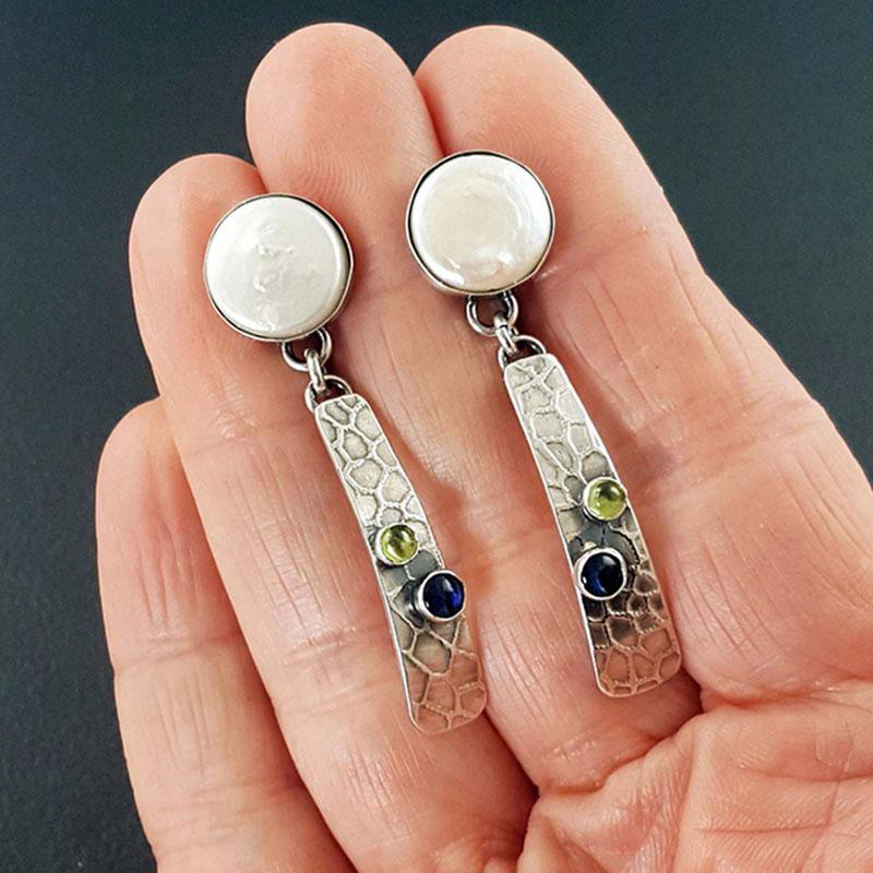 

Dangle & Chandelier Delicate Round Disc White Pearl Drop Earrings Boho Silver Color Textured Metal Green Blue Beads Stone JewelryDangle