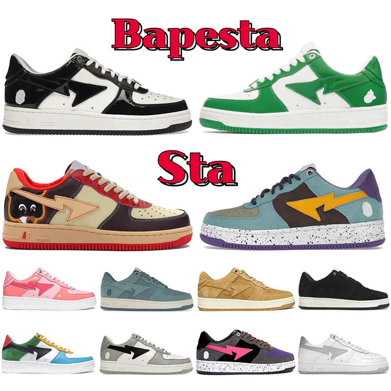 

Designer Nigo Bapesta Sta Low running shoes Bathing Apes Hajime Sorayama College Dropout Paint Black Patent Leather Green White Pastel Pink men women sneakers, Shoe box