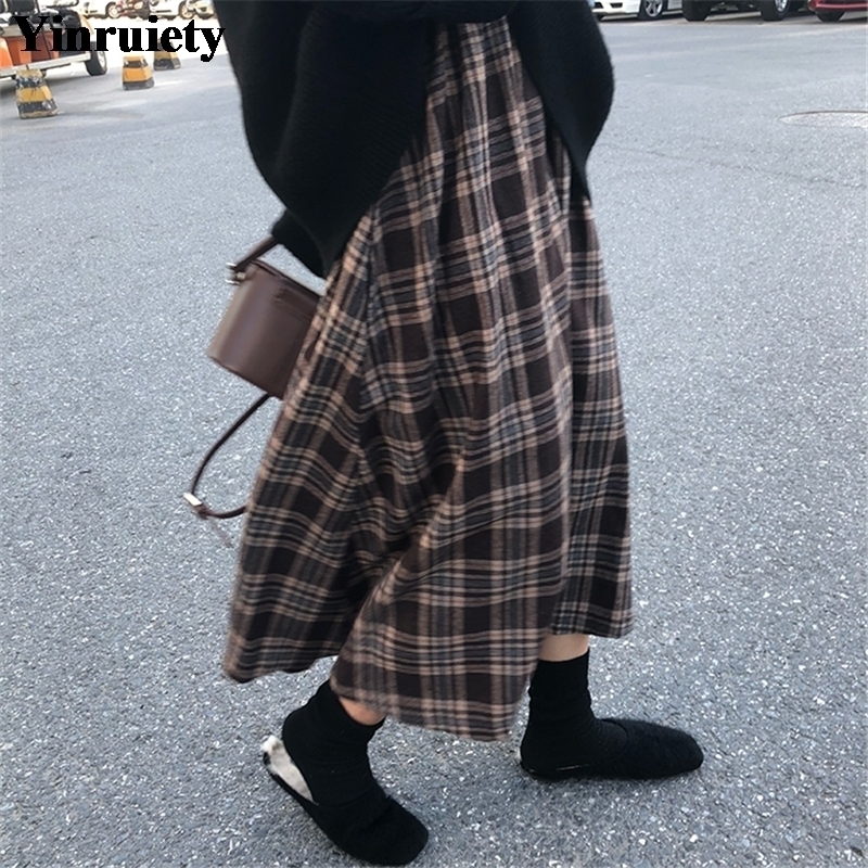 

New Japanese Harajuku Autumn Winter Women Midi Skirt High Waist Plaid Female Saias Korean Ulzzang Streetwear Elegant Long Skirts Y200326, As the photo