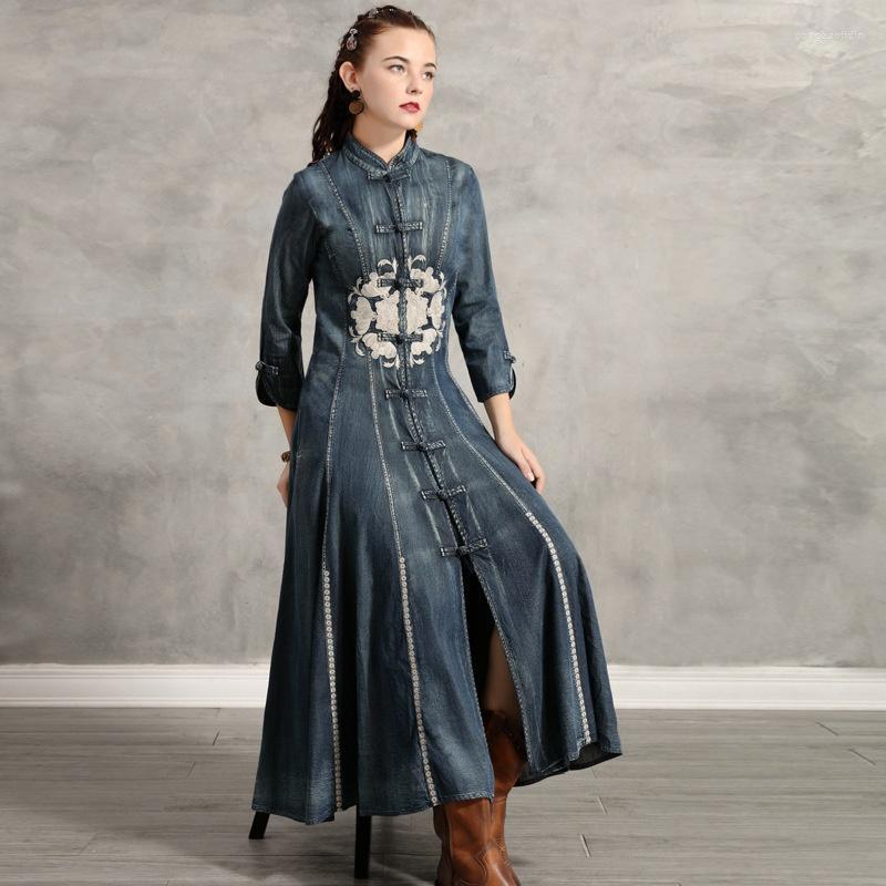 

Casual Dresses Women Denim Dress 2022 Vintage Vestidos Stand Collar Long Sleeve Embroidery Plate Buttons Slim Wasit 20482