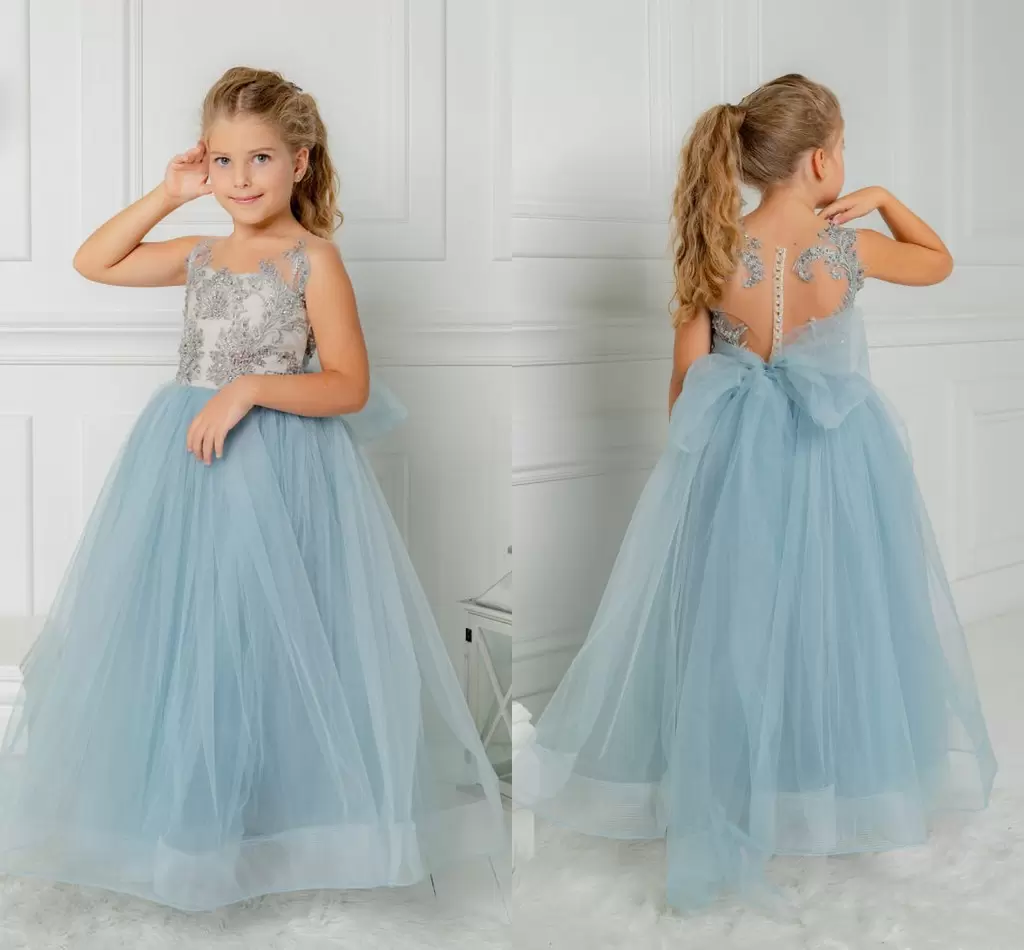 

2023 Blue Lace Flower Girl Dress Bows Children's First Communion Dress Princess Formal Tulle Ball Gown Wedding Party Dress 4-8 years MC2302, Same as image