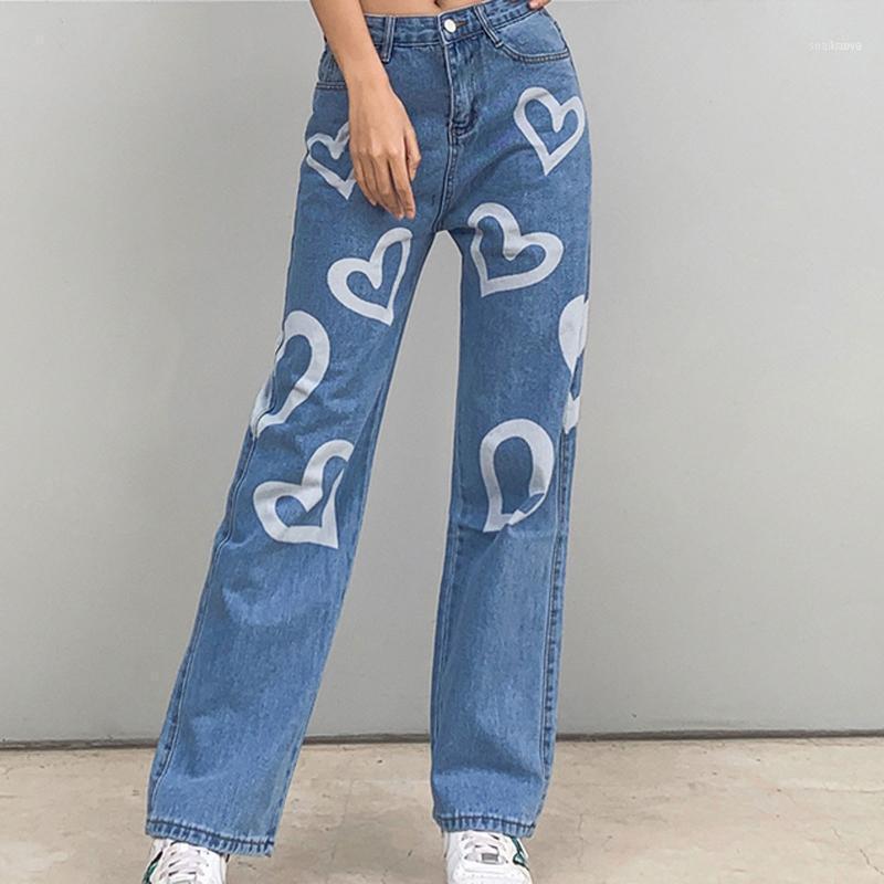 

Women' Jeans 2022 Autumn Winter Fashion Ins Street Hip-hop Heart Printed Wash Ladies Loose Casual Pockets Denim Wide Leg Pants
