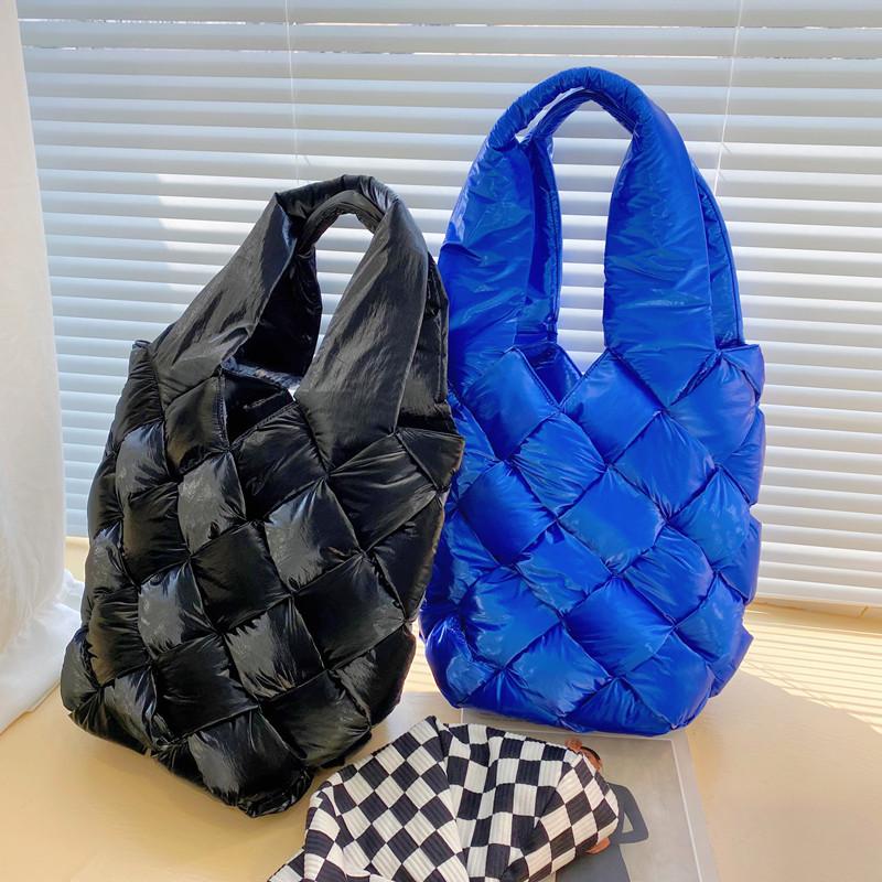 

Evening Bags Women Handbag Puff Cotton Down Padded Diamond Lattice Winter Style Female Bucket Shoulder Bag Nylon Waterproof Tote