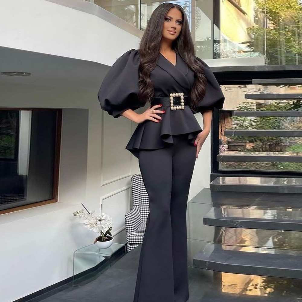 

Women Fashion Two Piece Pants Sets Black Peplum Tops and Flare Trousers Plus Size 4XL Office Business Outwear