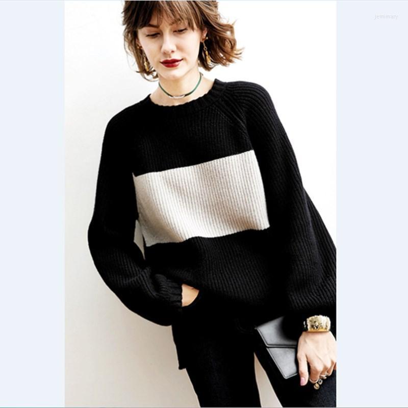 

Women' Sweaters Shirt O-neck Cashmere Knit Sweater Black And White Loose Thick Long-sleeved Fashion 2022 Ladies Jemi22