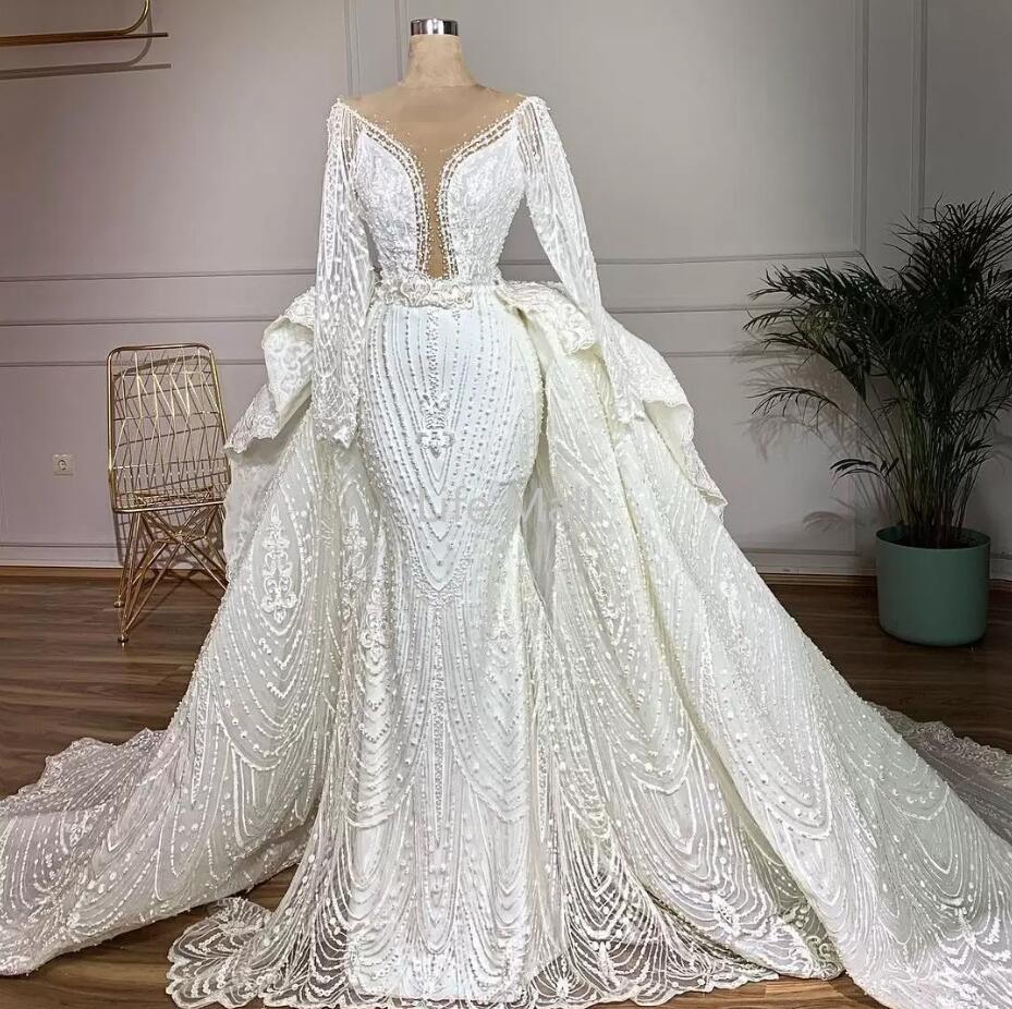 

Luxury Mermaid Wedding Dresses with Detachable Train Long Sleeve Lace Appliques Beadings Pearls Bridal Gowns Chapel robe de mariée DD, Champagne