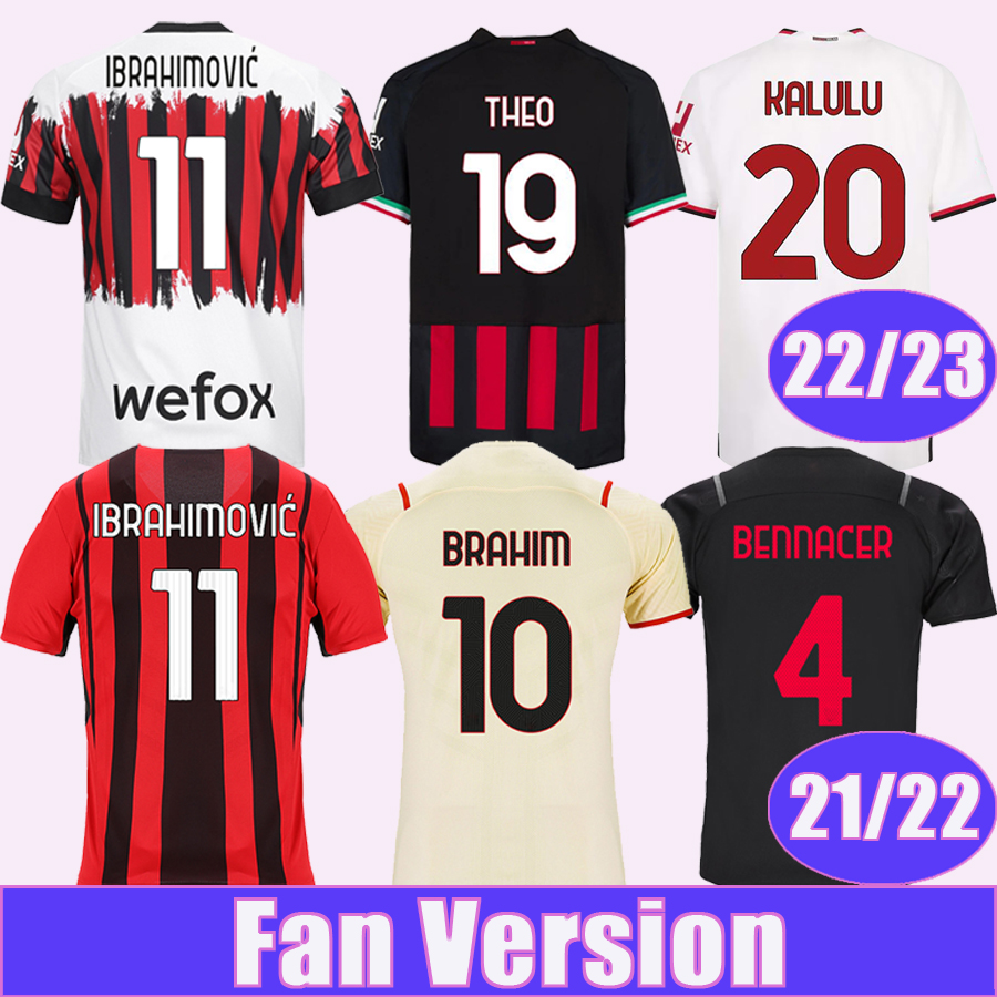 

21 22 IBRAHIMOVIC BENNACER BRAHIM Mens Soccer Jerseys TONALI GIROUD THEO LAZETIC TOMORI KJAER 22 23 Home Away 3rd Short Sleeve Football Shirt Uniforms, Qm3291 2122 home no patch