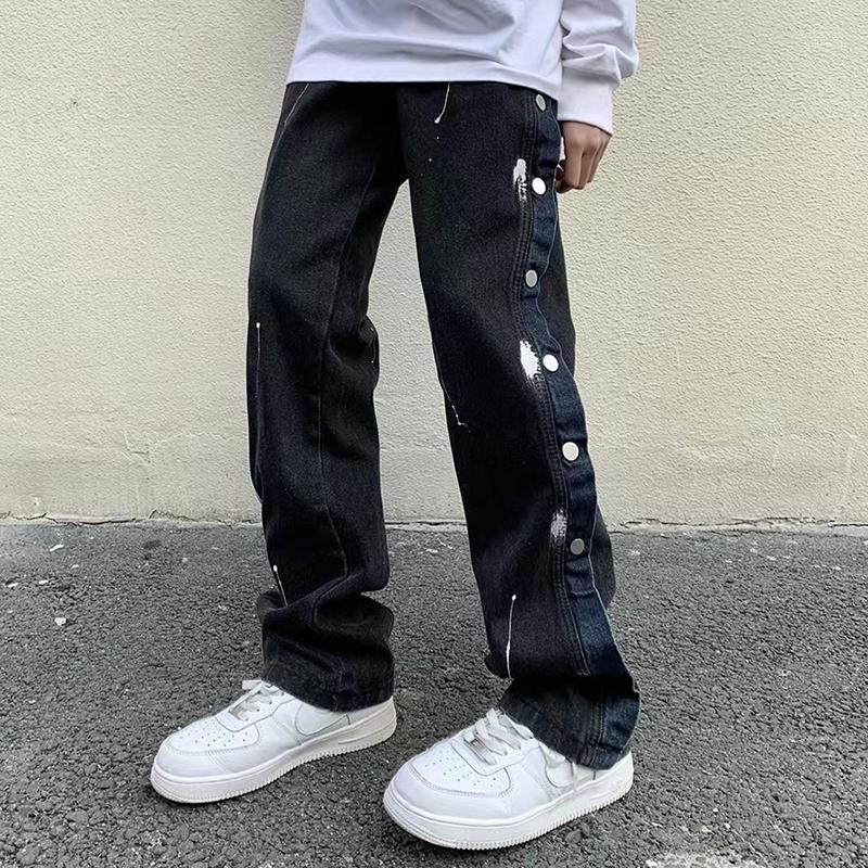 

Men's Jeans Harajuku Side Button Ink Painted Spliced Mens Pants Retro Frayed Patchwork Casual Streetwear Baggy Denim TrousersMen's Bert22, Black