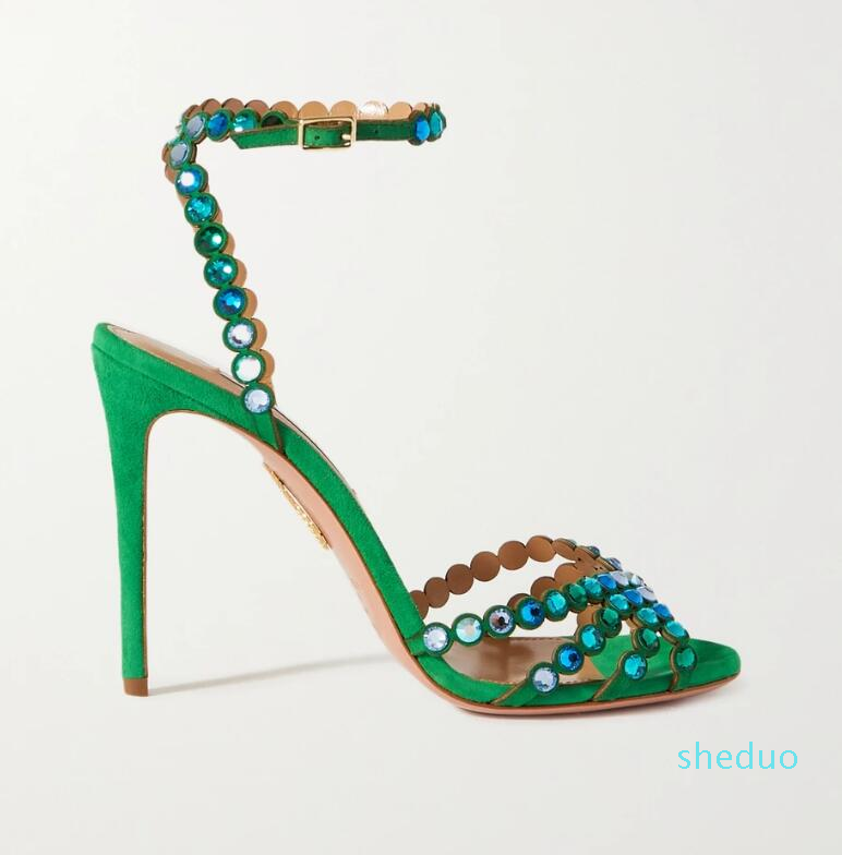 

22S Everyday wear Tequila Leather Sandals Shoes For Women Fashion Strappy Design Crystal Embellishments High Heels Sexy Party Wedding Shoe