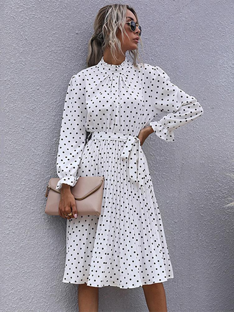 

Polka Dot Print Dress Women Casual Half Turtleneck Butterfly Sleeve Autumn Winter Slim Bandage Fashion, Blue